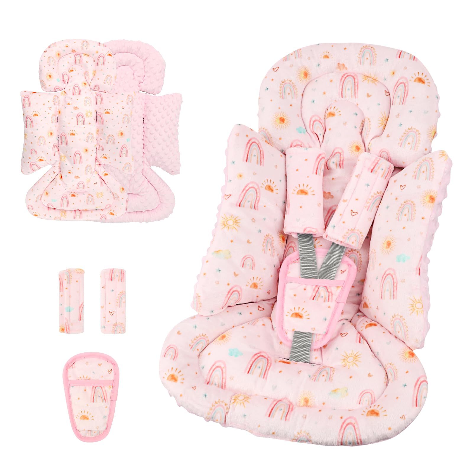 CARUILI infant car seat insert pink rainbow shown for travel comfort