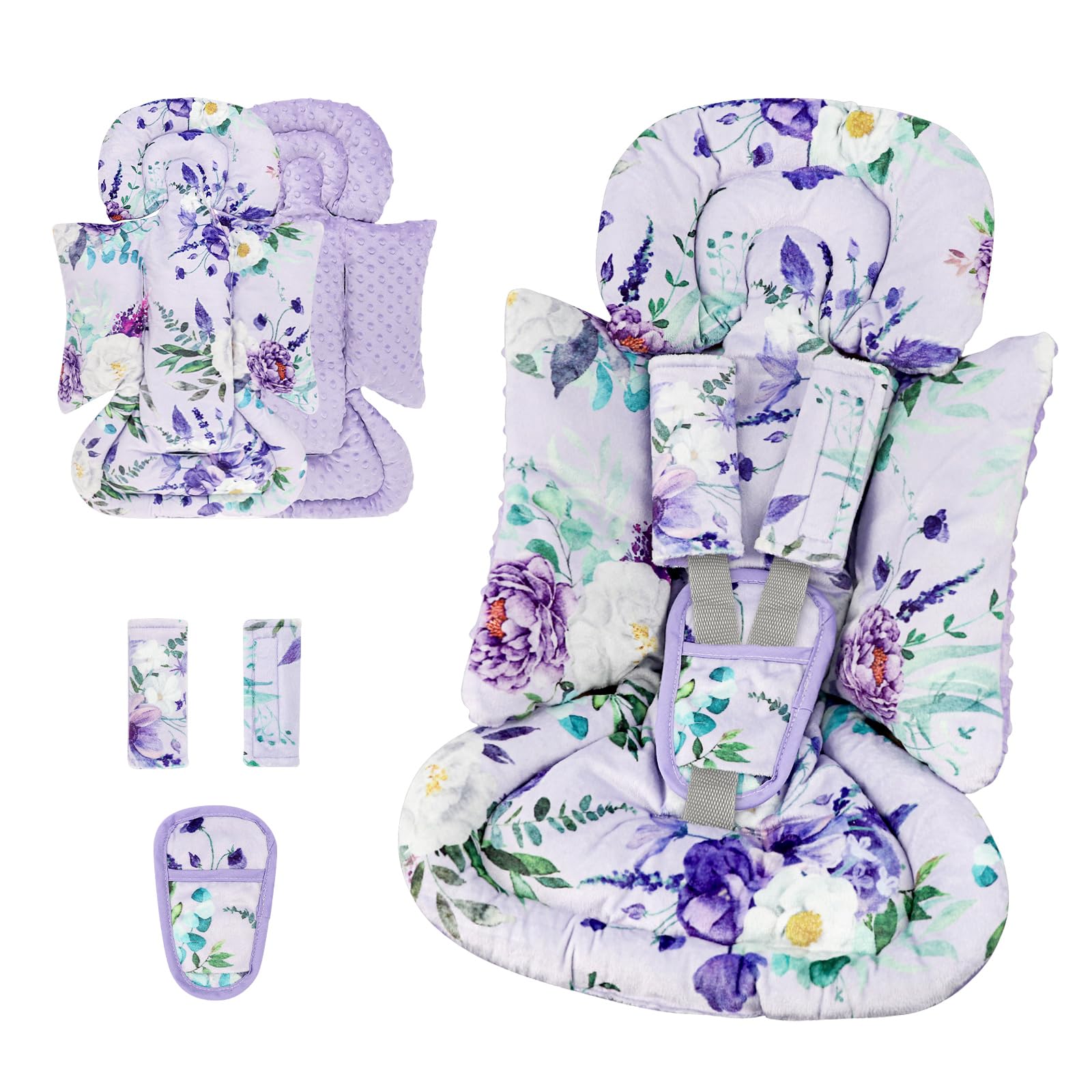 CARUILI infant car seat insert in purple floral provides plush comfort for tiny riders