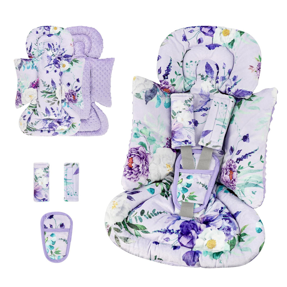 CARUILI infant car seat insert in purple floral provides plush comfort for tiny riders