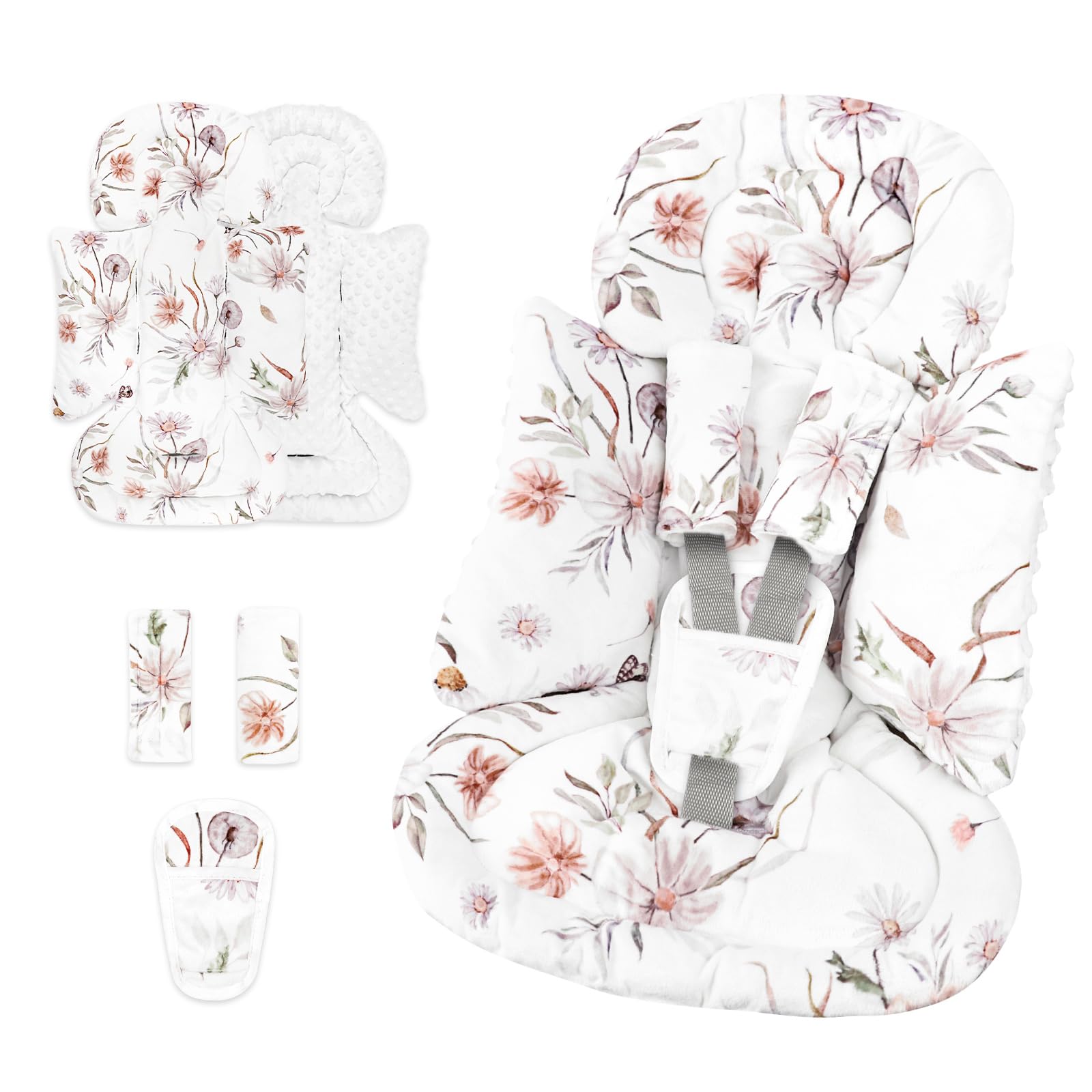 CARUILI infant seat insert with white flower pattern delivers soft newborn comfort on car rides