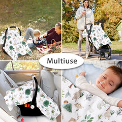 CARUILI Minky car seat cover shows woodland design and windproof outer layer.