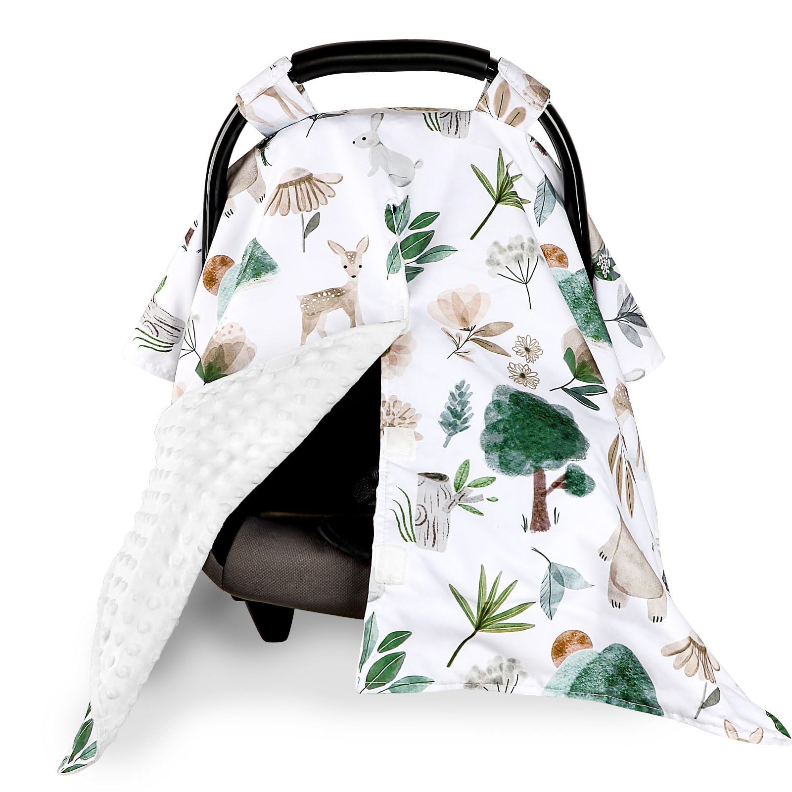 CARUILI Minky car seat cover with peep window protects baby from sun and strangers.