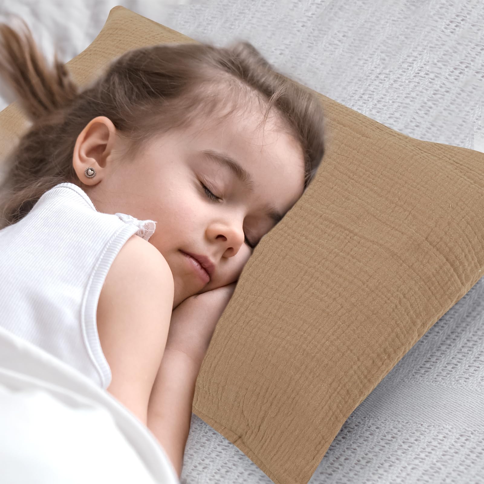 CARUILI Muslin Toddler Pillowcase brown color complements kids' bed setup.
