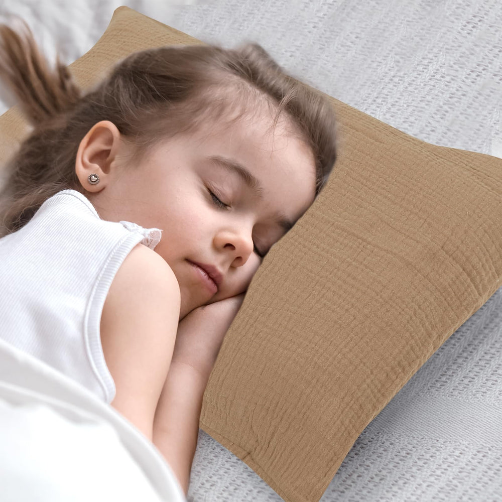 CARUILI Muslin Toddler Pillowcase brown color complements kids' bed setup.