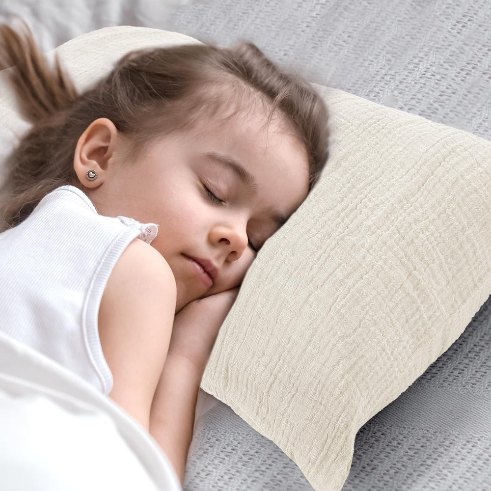 CARUILI muslin toddler pillowcase crib and bed setup with cheerful Apricot and Green hues
