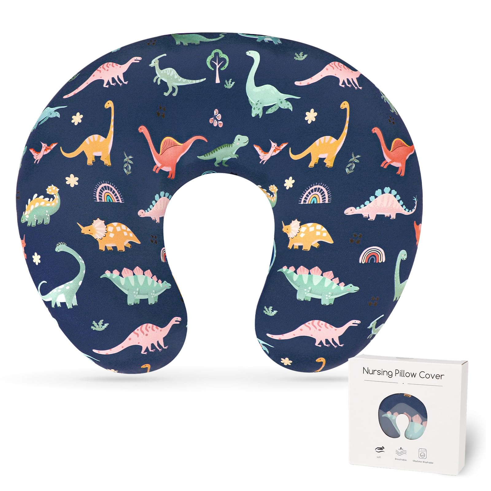CARUILI nursing pillow cover blue dinosaur close-up fabric showcases smooth, breathable texture for baby comfort.
