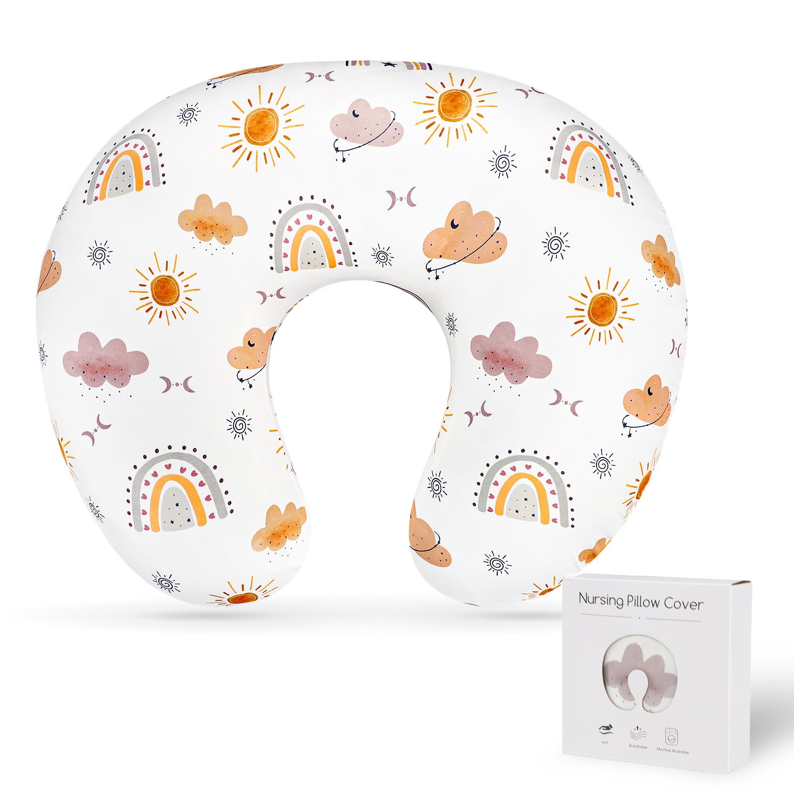CARUILI nursing pillow cover with boho rainbow pattern enhances cozy breastfeeding.