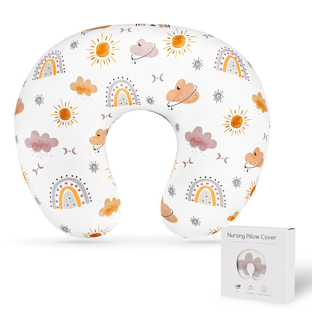 CARUILI nursing pillow cover with boho rainbow pattern enhances cozy breastfeeding.