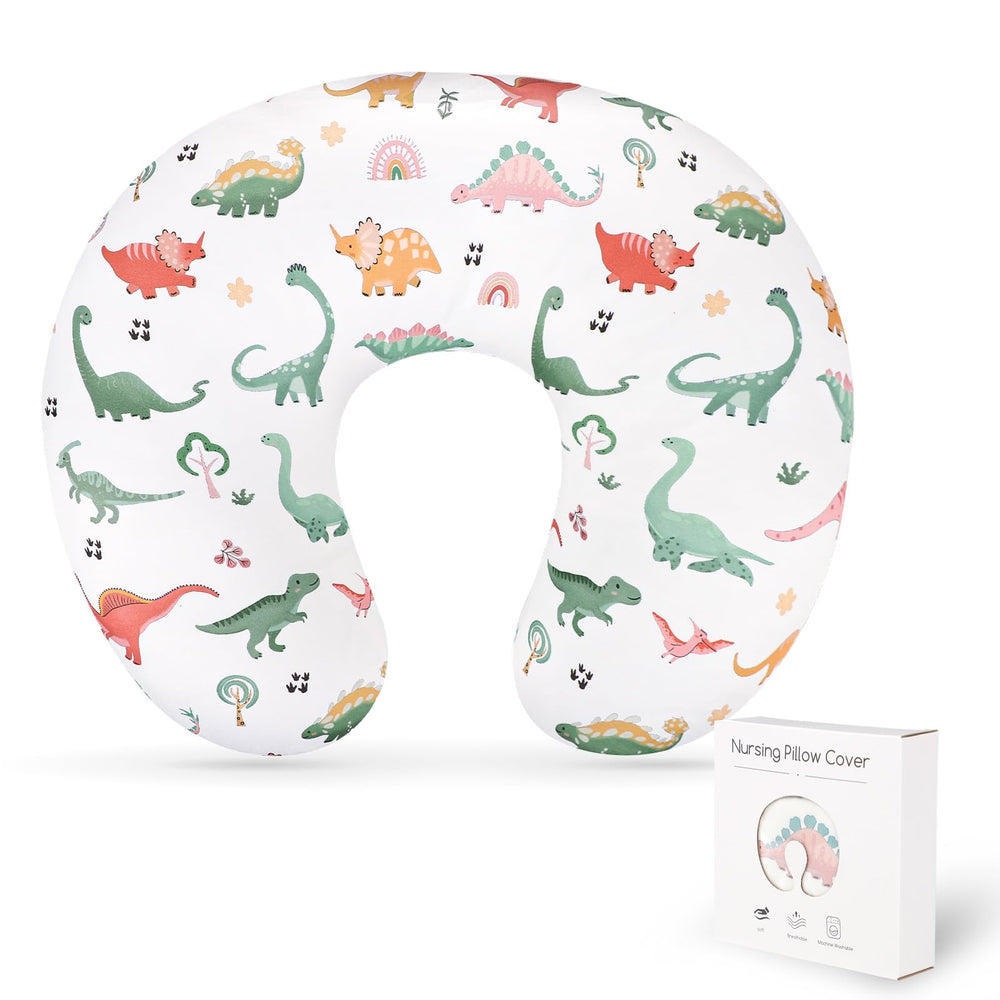 CARUILI nursing pillow cover white dinosaur-pattern closeup shows baby-friendly design