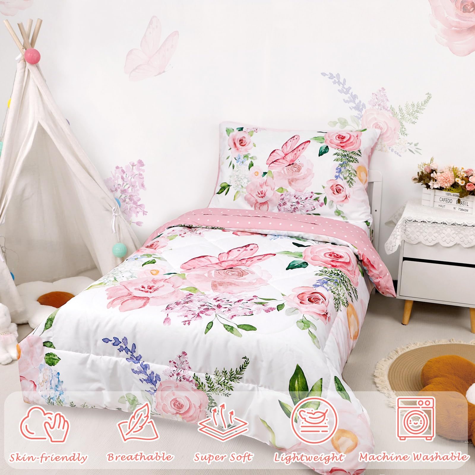 CARUILI pink floral flat sheet closeup highlights soft, breathable texture.