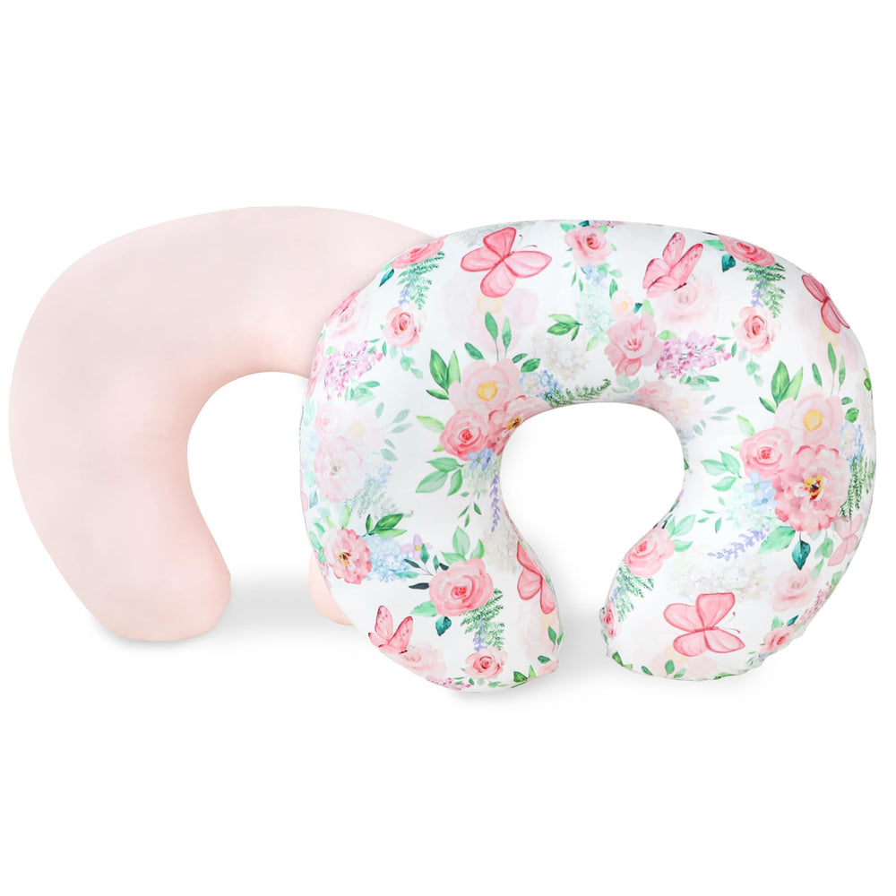 CARUILI pink floral nursing pillow cover shows soft, breathable fabric for baby comfort.