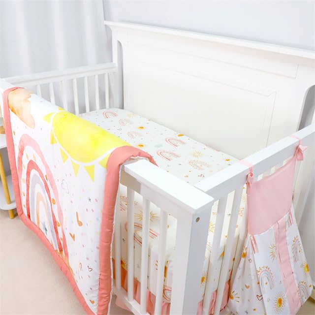 CARUILI pink rainbow crib skirt—decorative touch with under-crib storage coverage.