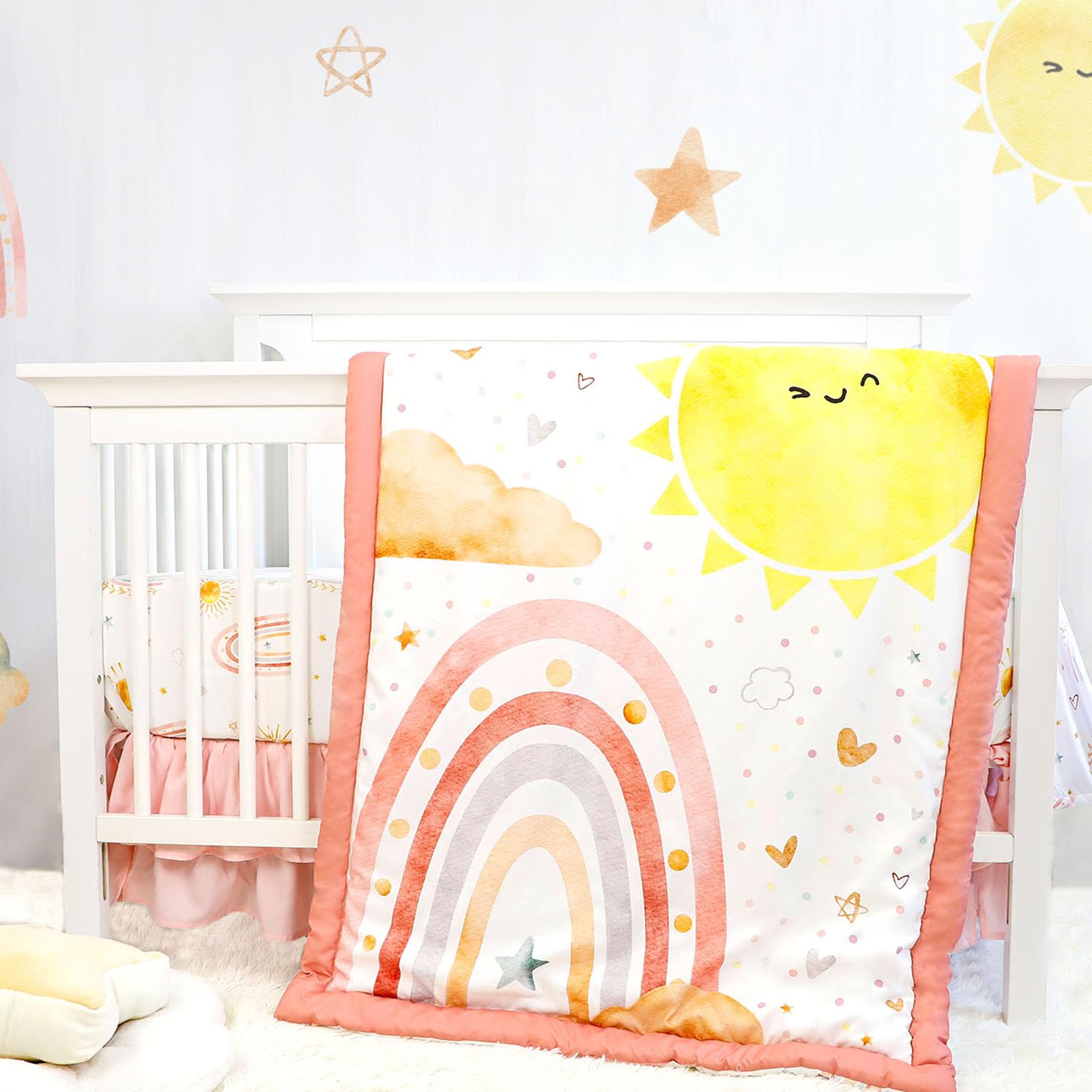 CARUILI pink rainbow fitted sheet—secure, stretchy fit for peaceful naps.