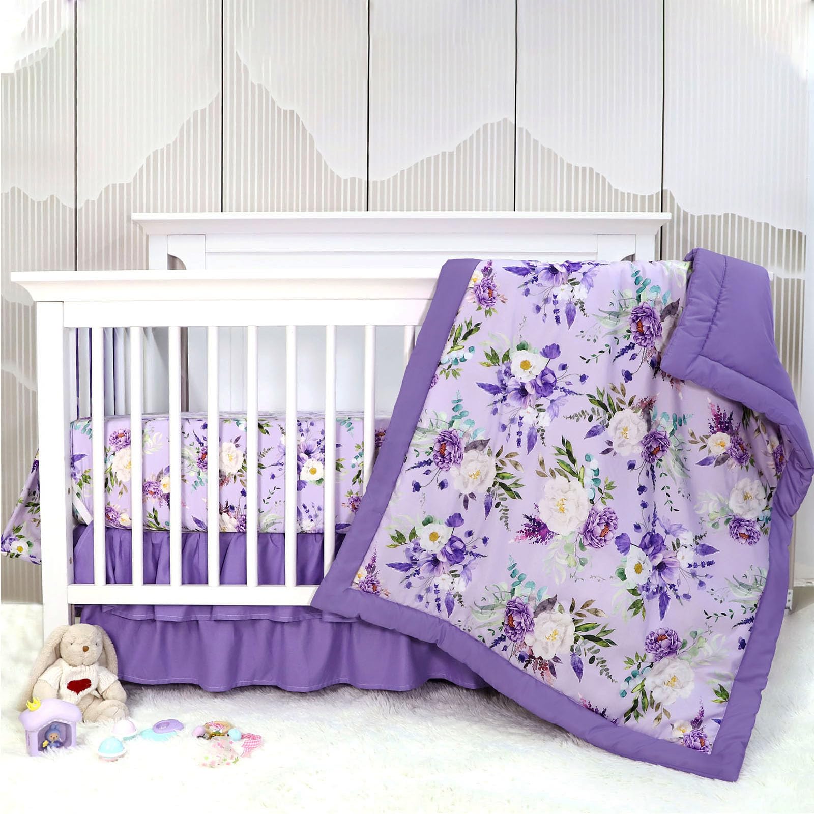 CARUILI purple floral crib pattern adds a dreamy touch to a baby girl nursery.