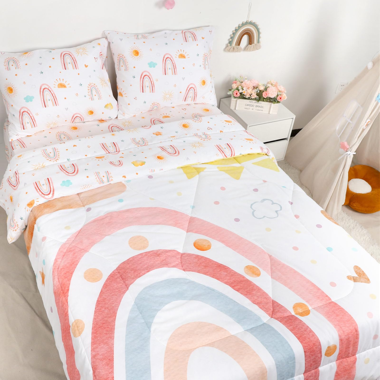 CARUILI Rainbow Dreams bedding coordinates with other items for a cohesive room.