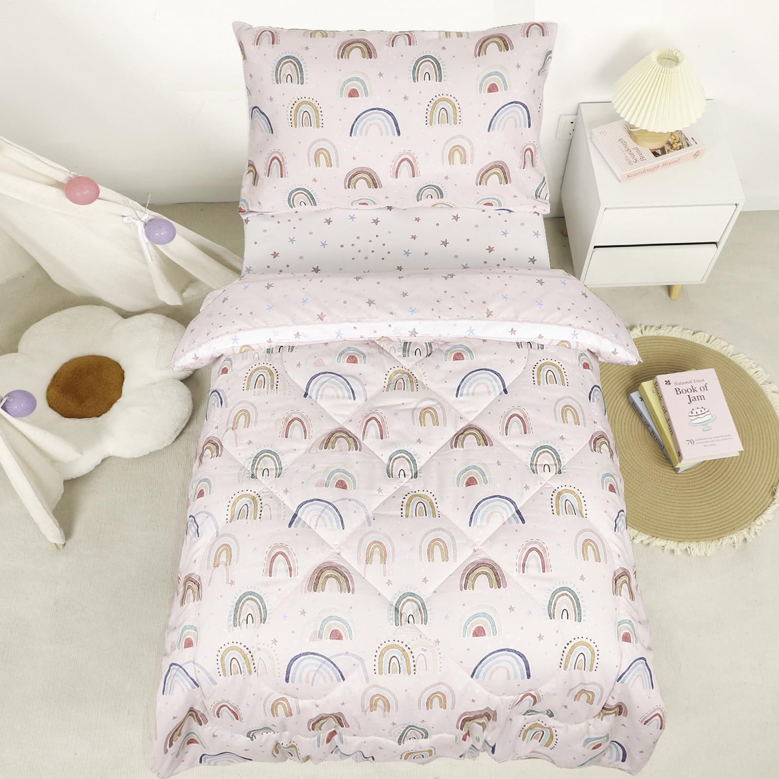 CARUILI rainbow toddler comforter shows a soft microfiber texture for cozy nights