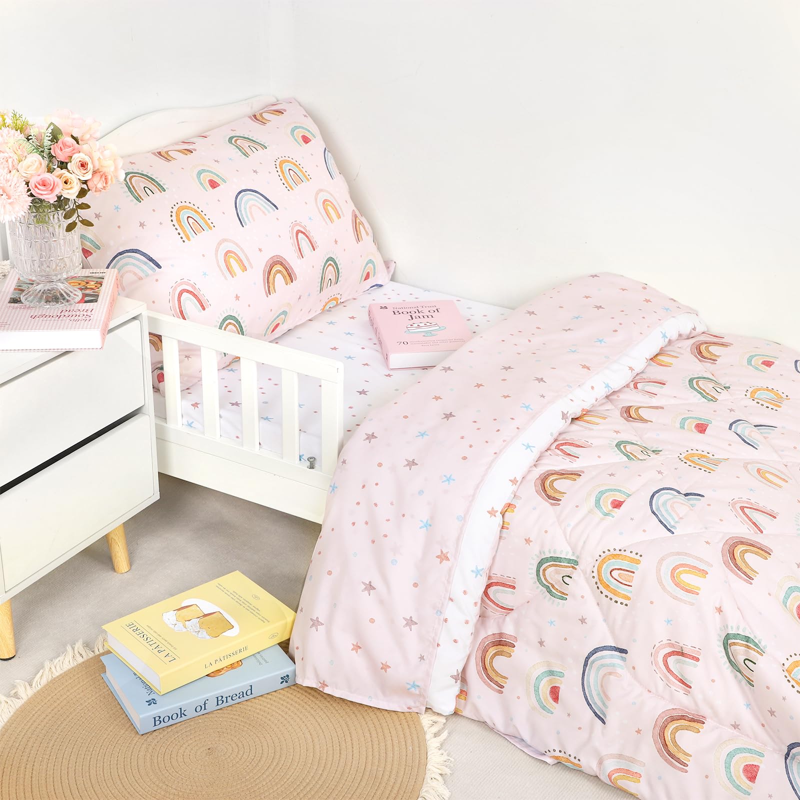 CARUILI rainbow toddler flat sheet laid out for breathable all-night comfort