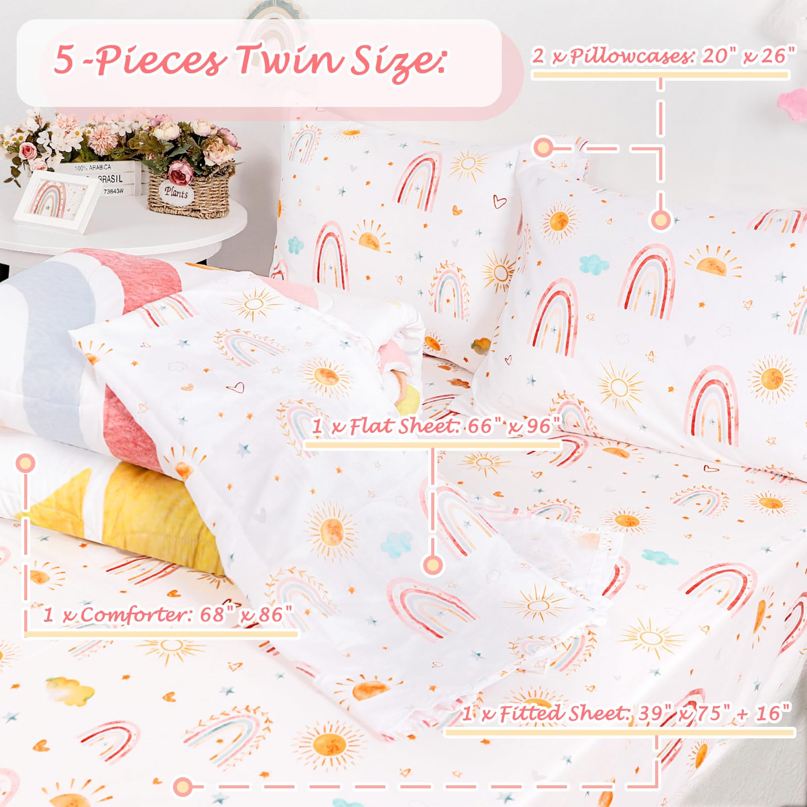 CARUILI reversible rainbow comforter provides two looks in one for versatile styling.