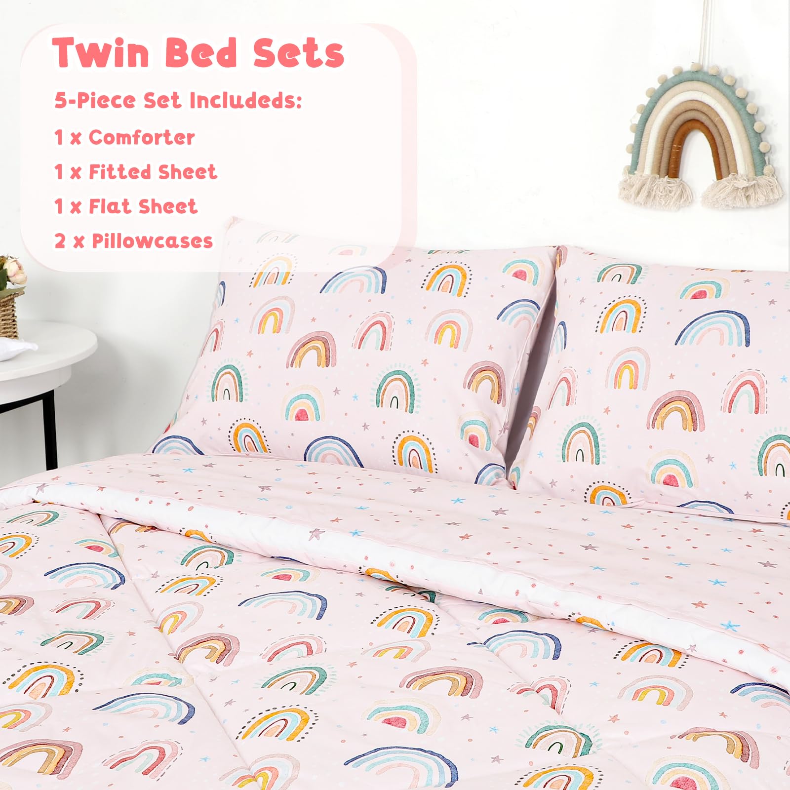 CARUILI toddler bedding flat-sheet pink rainbow spread across bed for a playful room look