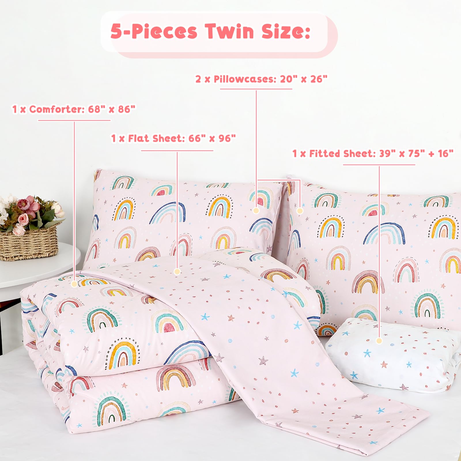 CARUILI packaging shows 5-piece toddler bedding contents for easy shopping