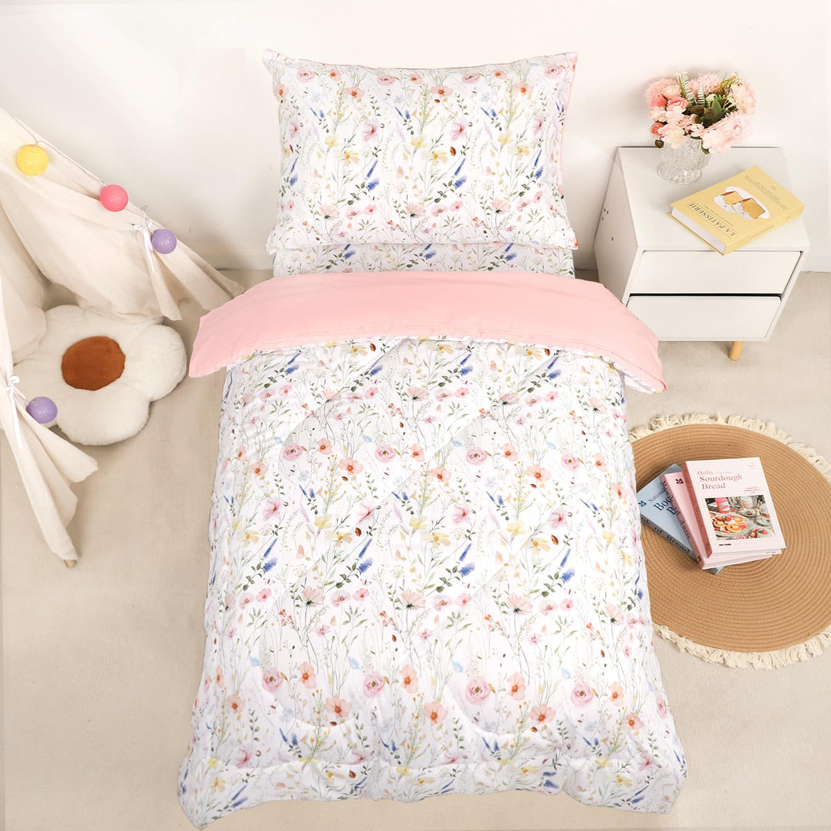 CARUILI toddler bedding comforter pink floral design for cozy bedtime routine.