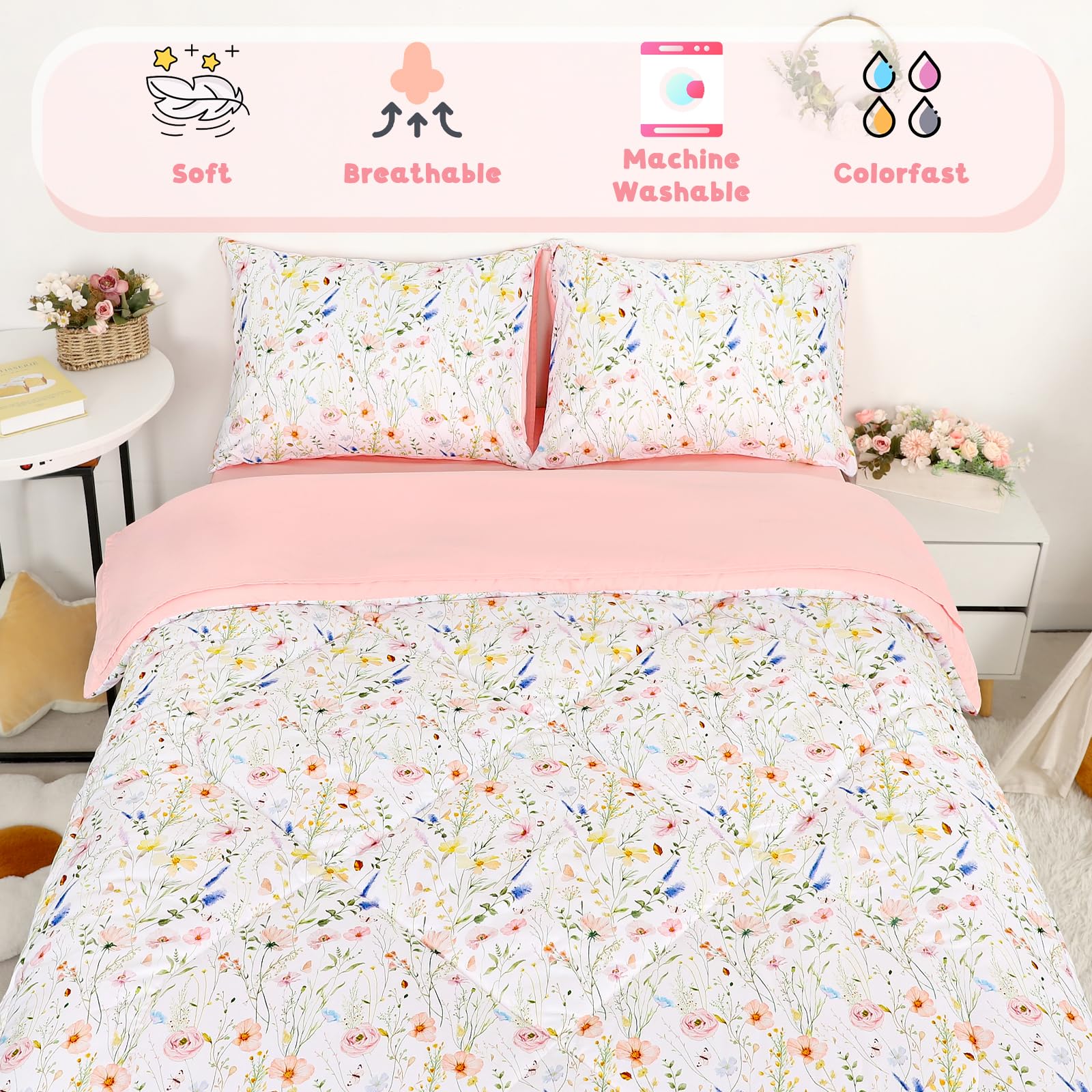 CARUILI pink-flowers flat sheet seen with breathable microfiber for nights