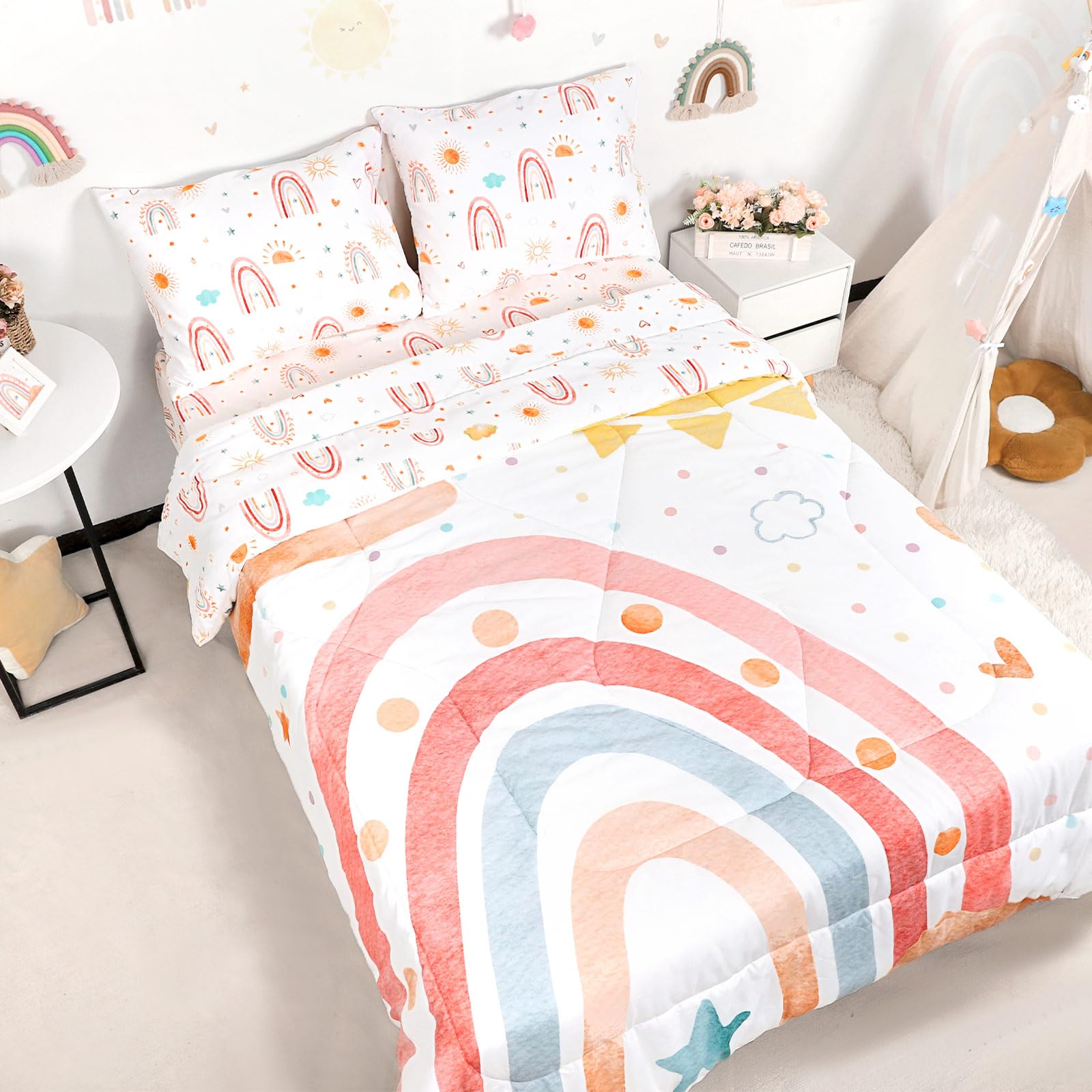 CARUILI twin toddler bedding with pink rainbow comforter offers breathable microfiber softness for bedtime.