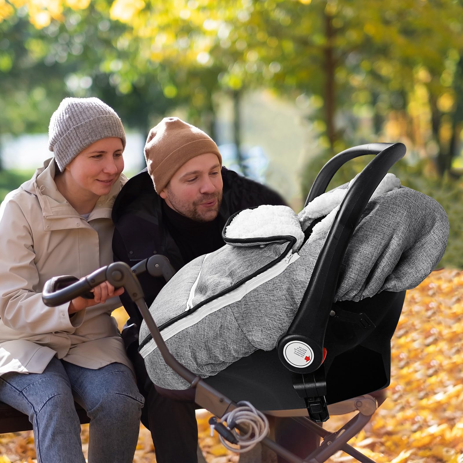 CARUILI winter carseat cover double-zip design enabling quick temperature adjustments