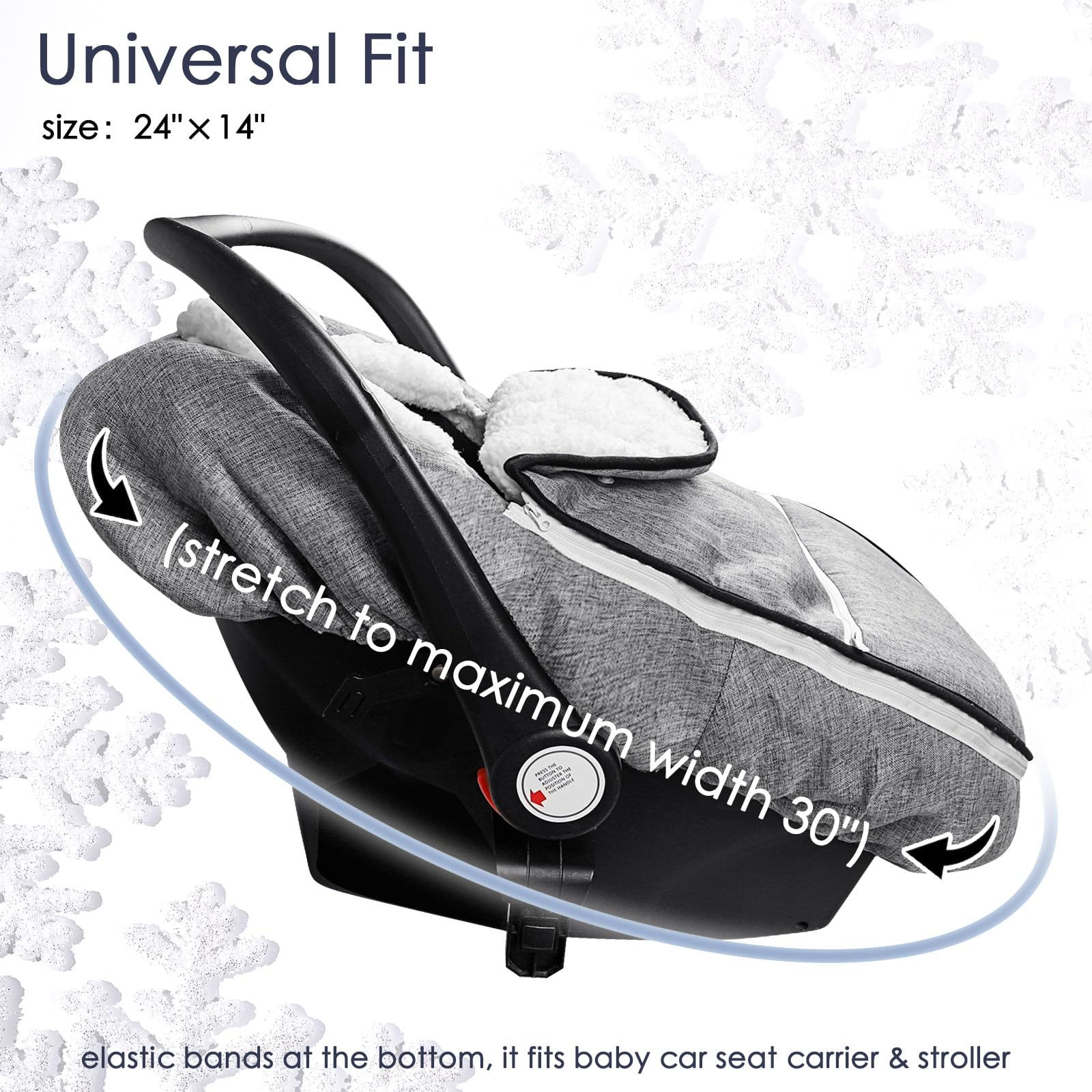 CARUILI winter carseat cover elastic bottom demonstrates kick protection and wind barrier