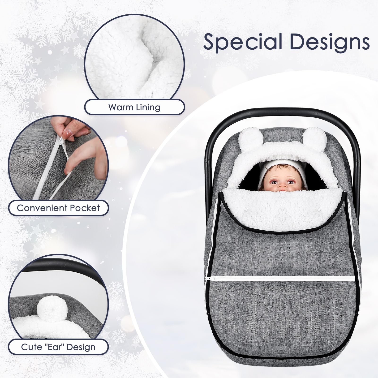 CARUILI winter carseat cover fleece material closeup emphasizes plush softness for baby comfort