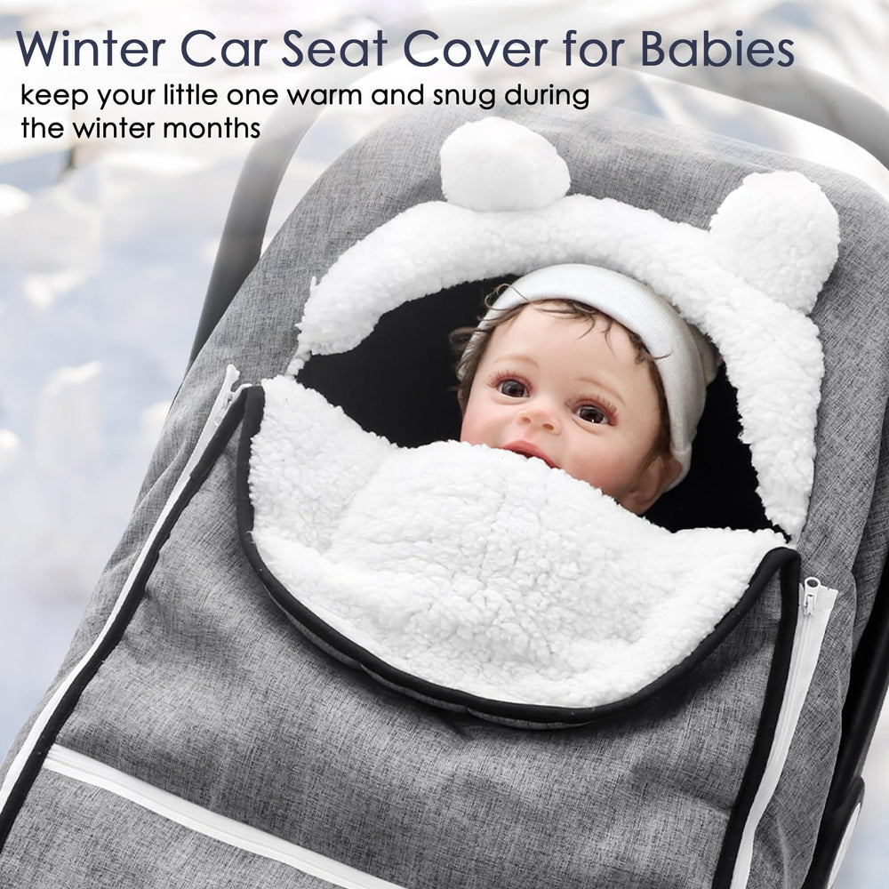 CARUILI winter carseat cover gray side view showcases fleece lining and wind protection