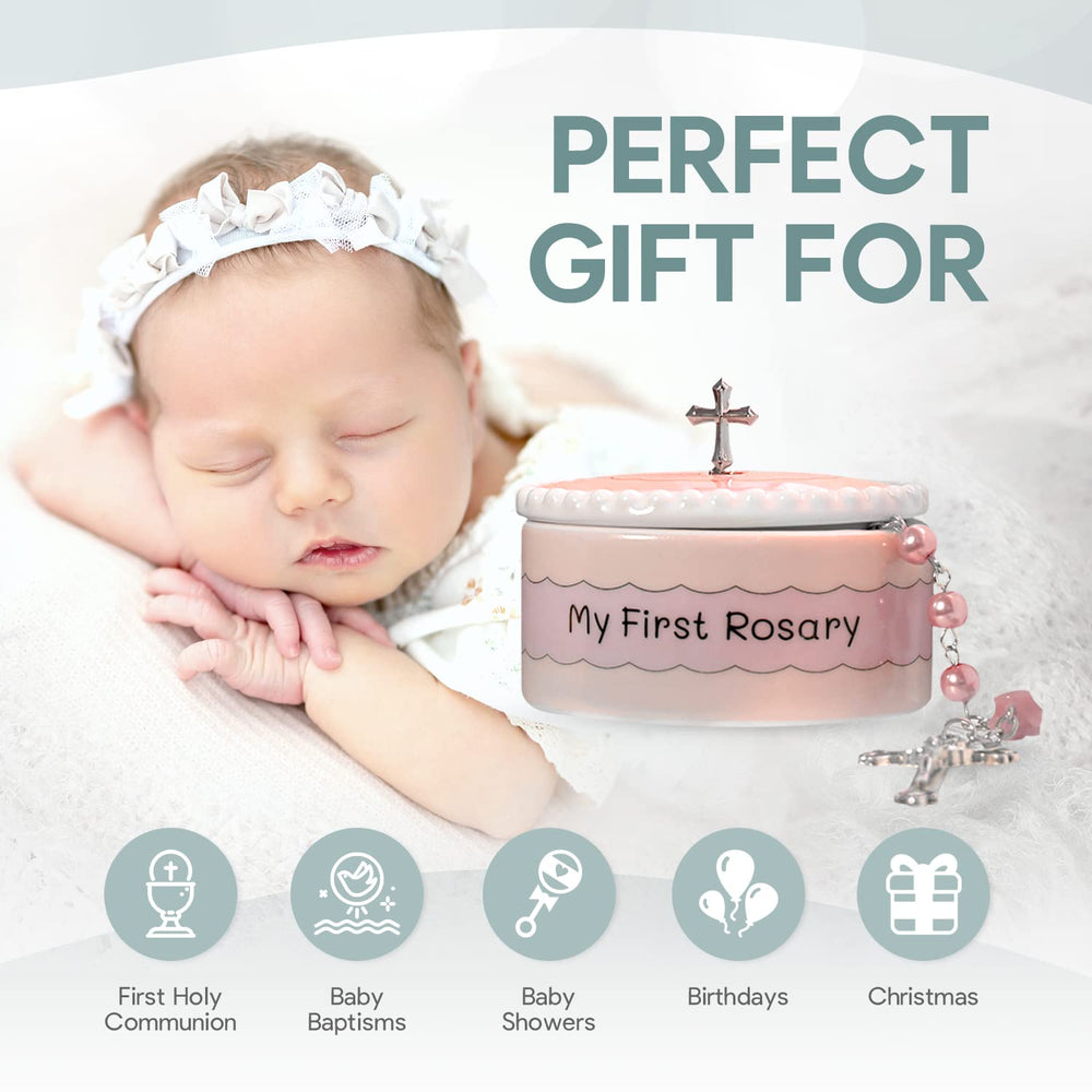 CASCADE GOODS Keepsake box and rosary necklace—versatile gift for baby dedication.