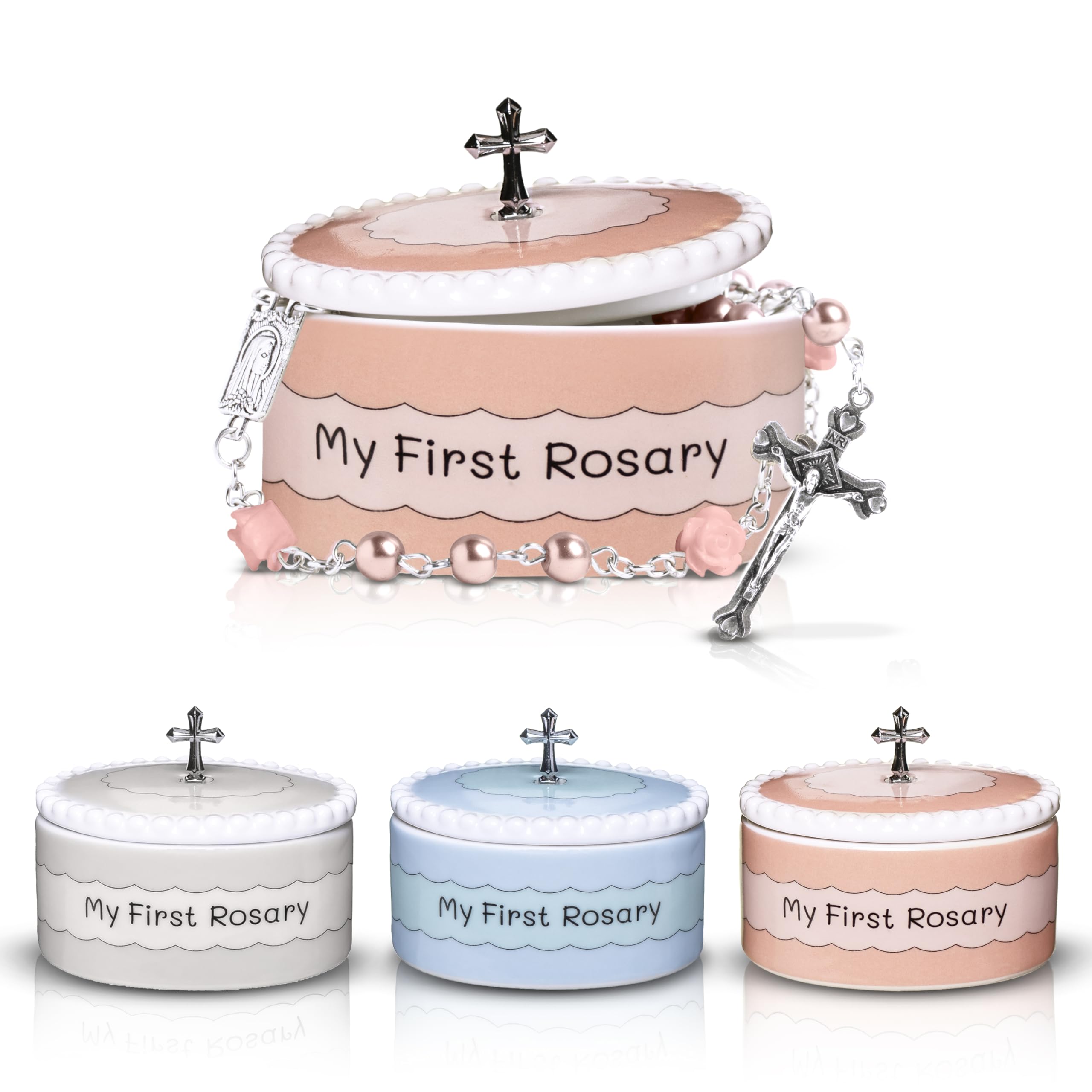 Cascade Goods gift-ready rosary set in white and pink for baptism gifts.