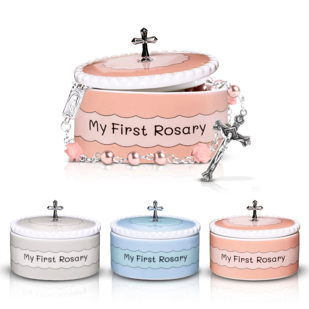 Cascade Goods gift-ready rosary set in white and pink for baptism gifts.
