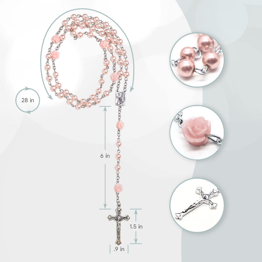 CASCADE GOODS Catholic-style pink box with rose beads—baptism decoration for celebrations.