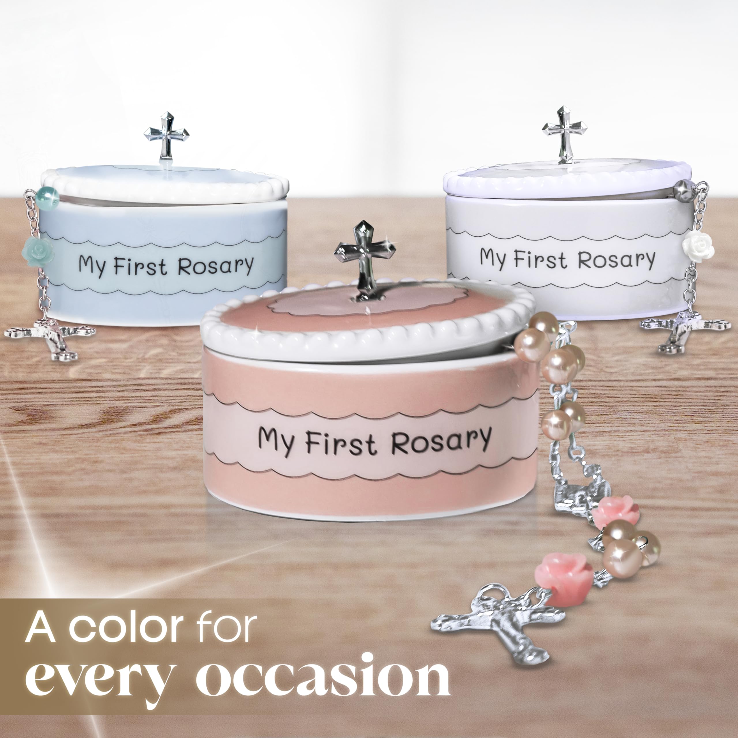 Cascade Goods keepsake box and rosary as a meaningful christening from godparents.
