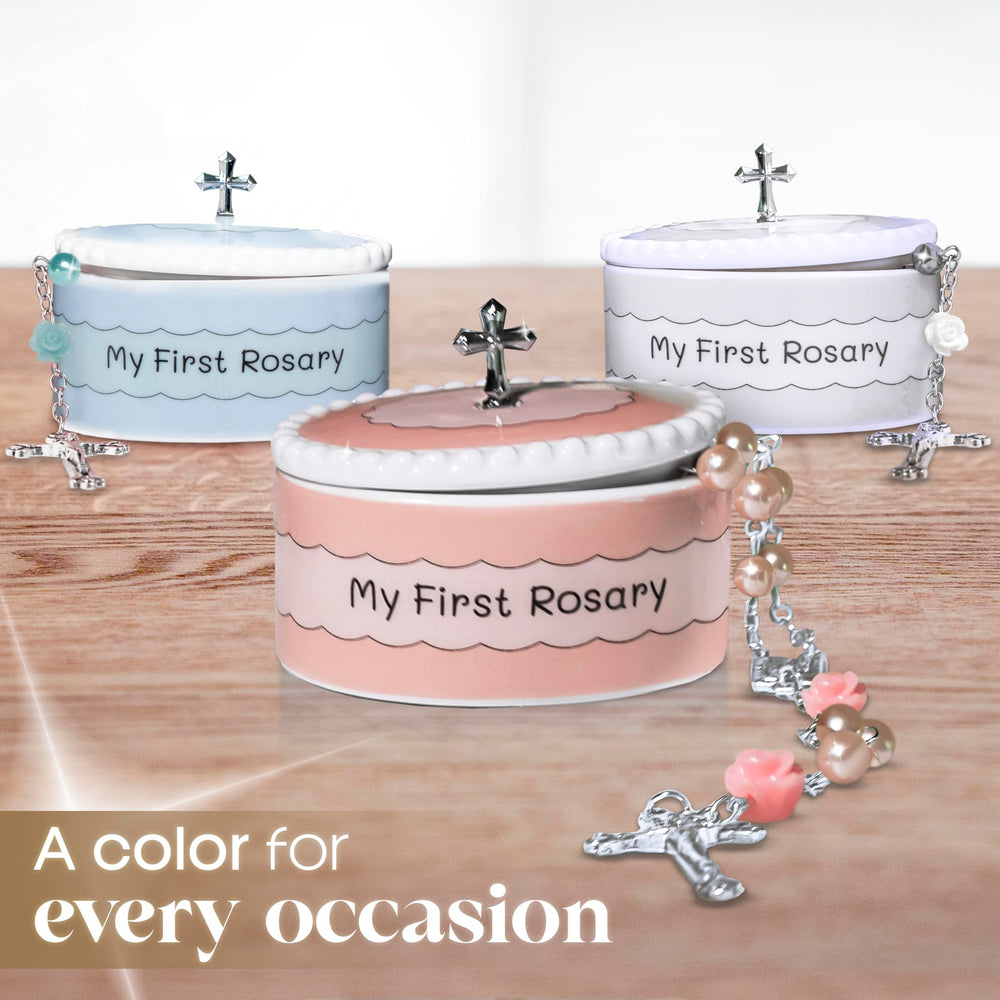 Cascade Goods keepsake box and rosary as a meaningful christening from godparents.