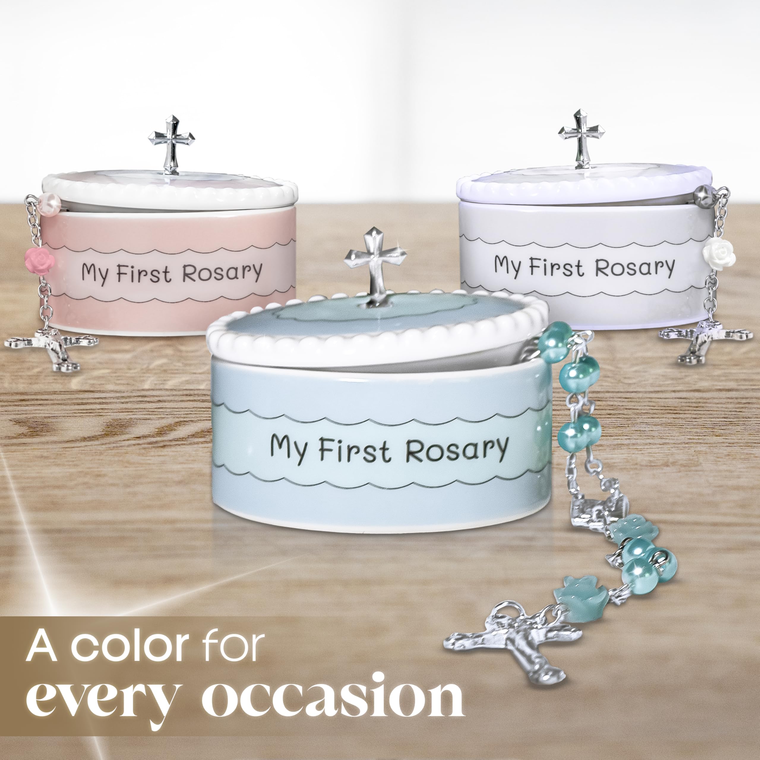 Cascade Goods my first rosary beads close-up white blue.