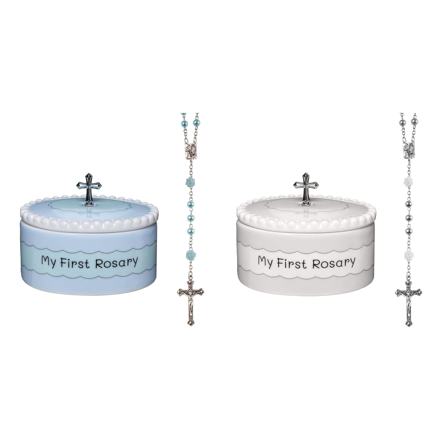 Cascade Goods my first rosary box white blue; cover open for keepsake.