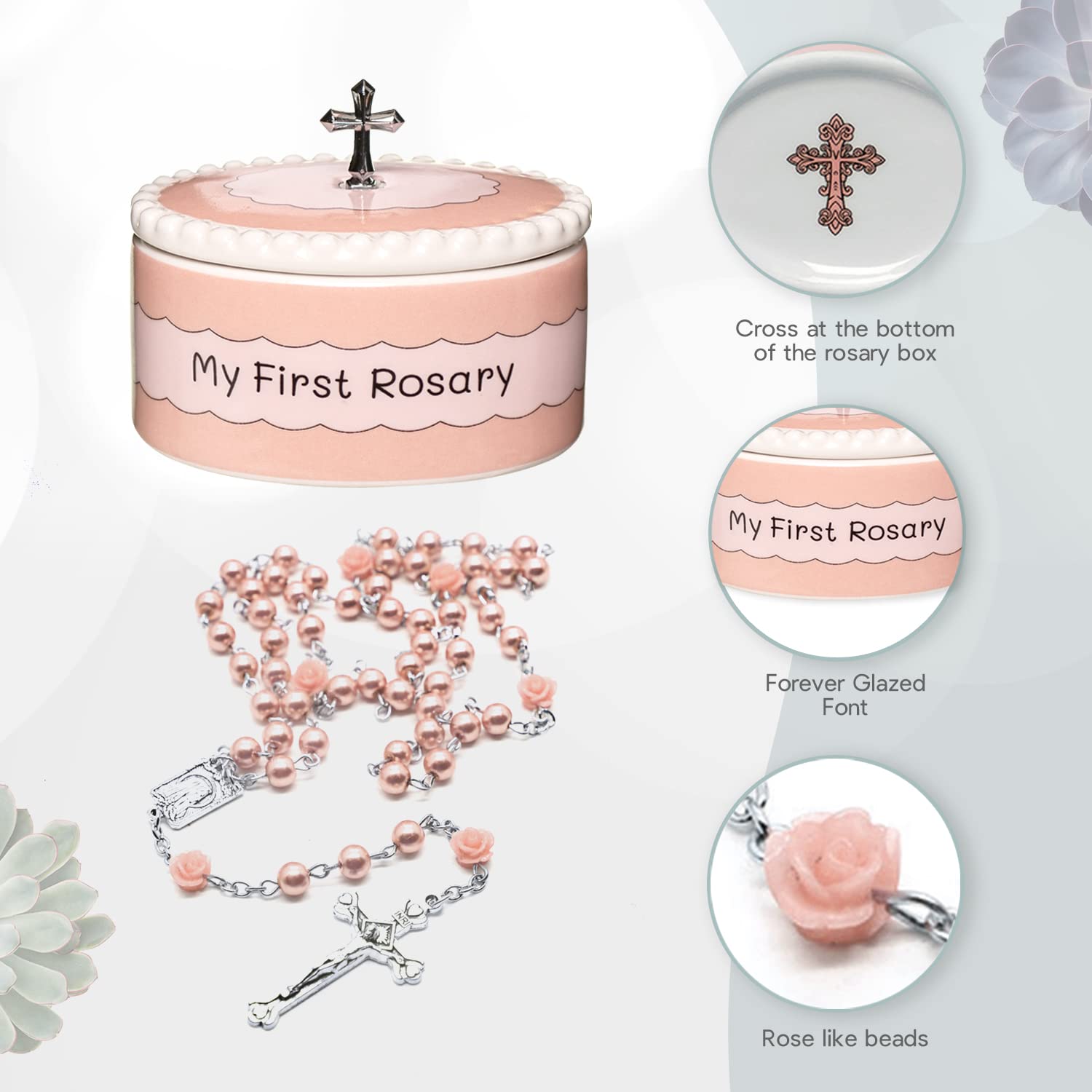 CASCADE GOODS Pink Rose Beads Rosary—delicate baptism keepsake for baby girl.