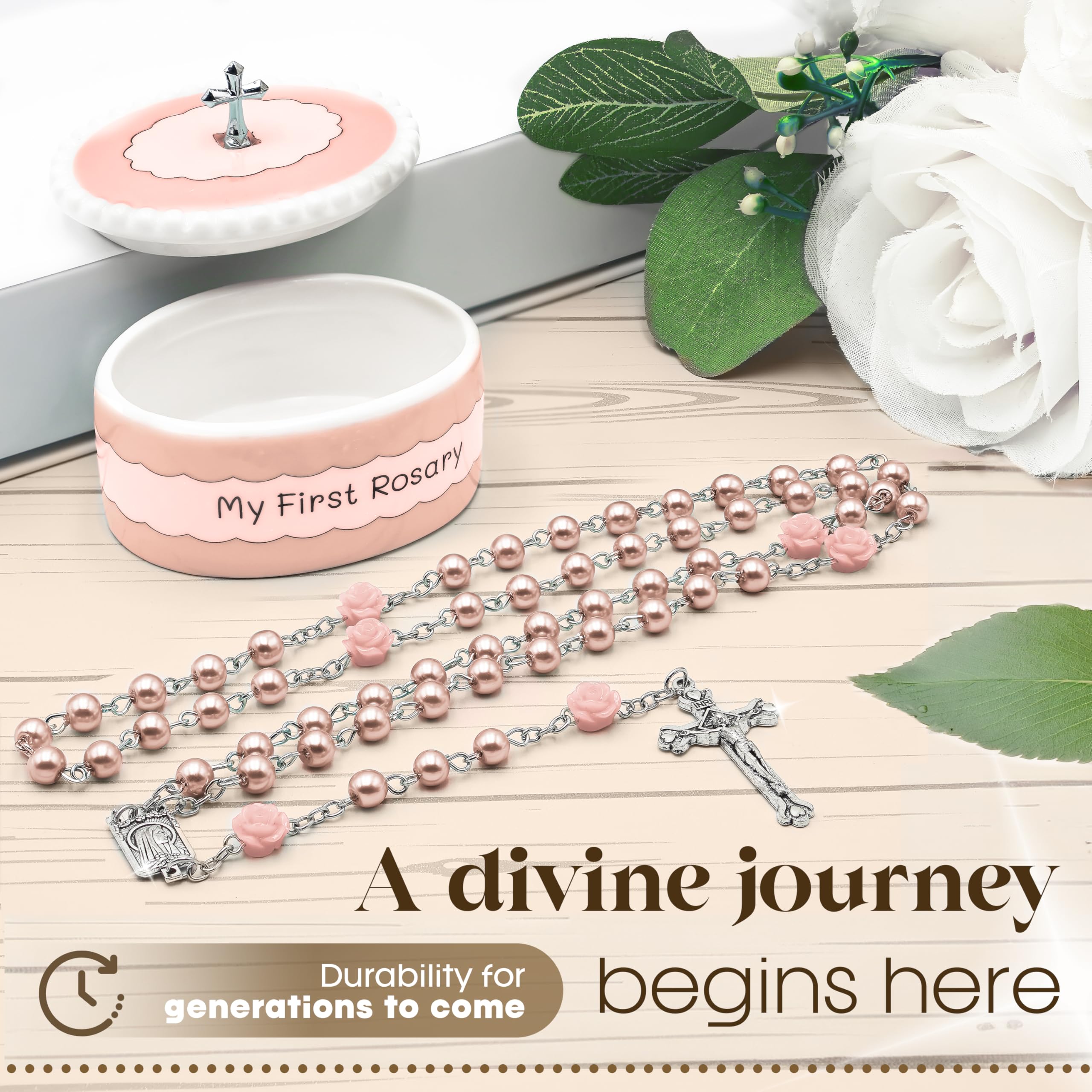 Cascade Goods rosary beads close-up highlighting catholic design for first communion.