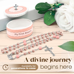 Cascade Goods rosary beads close-up highlighting catholic design for first communion.