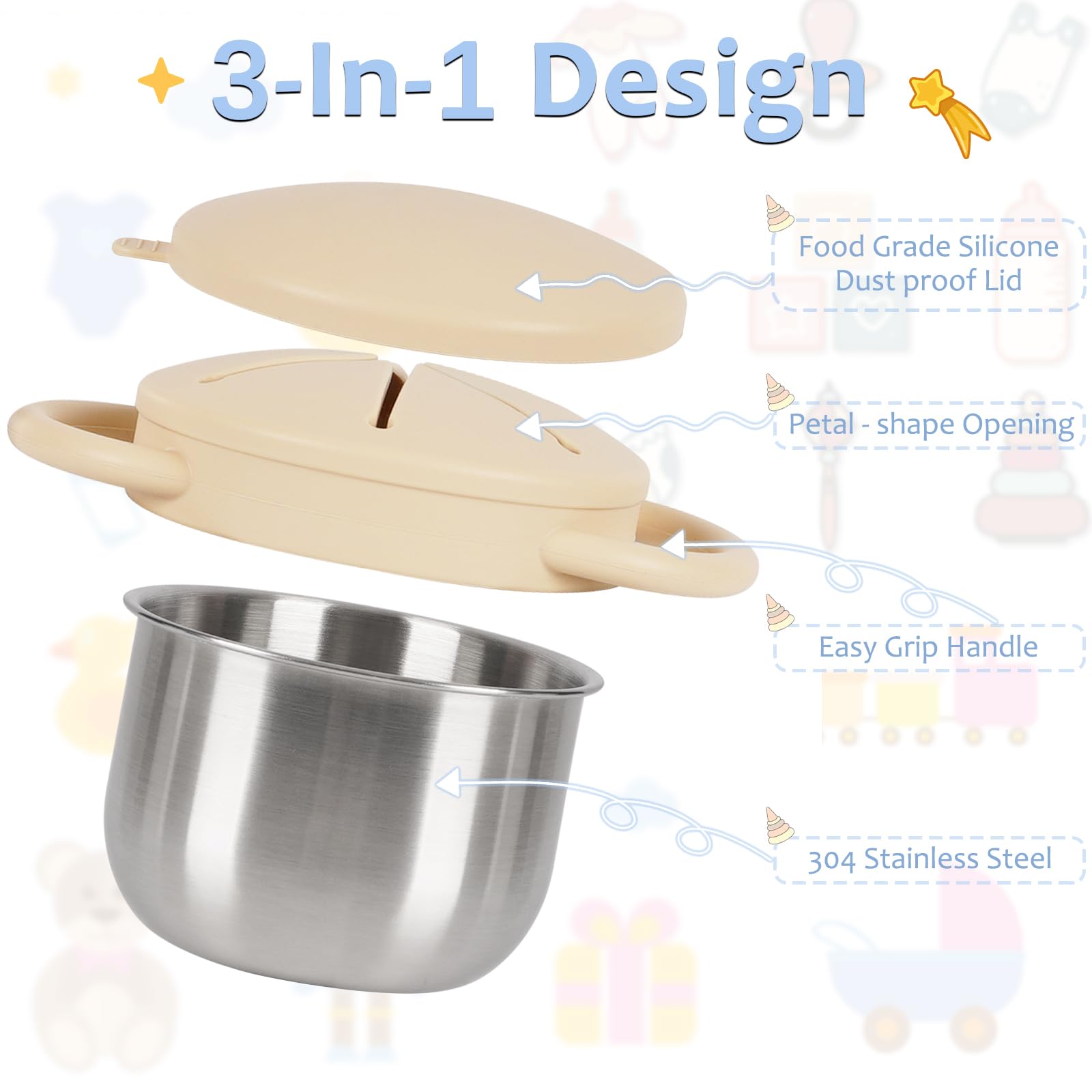 Casremee snack cups petal-opening allows toddlers to grab bites easily during travel.