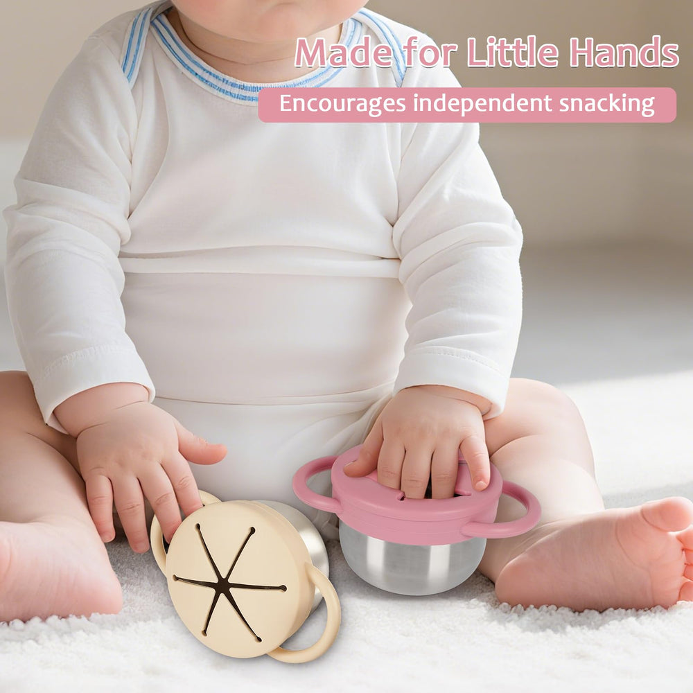 Casremee soft-handle toddler snack cups emphasize comfortable grip for independent snacking.