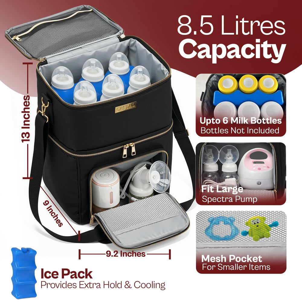 Castal breast pump bag side view shows spacious compartments for pumps.
