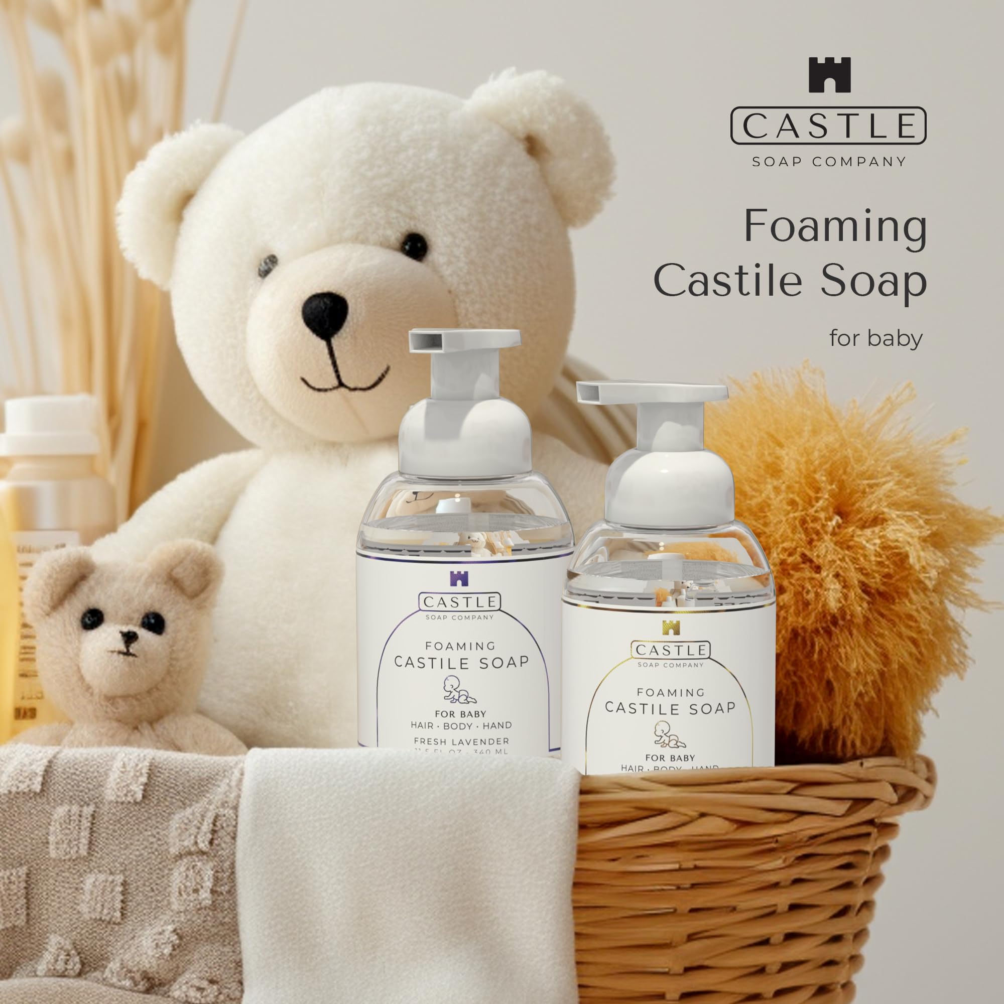 Castle Soap Company baby bath time foaming lather supports easy rinsing during gentle baths.