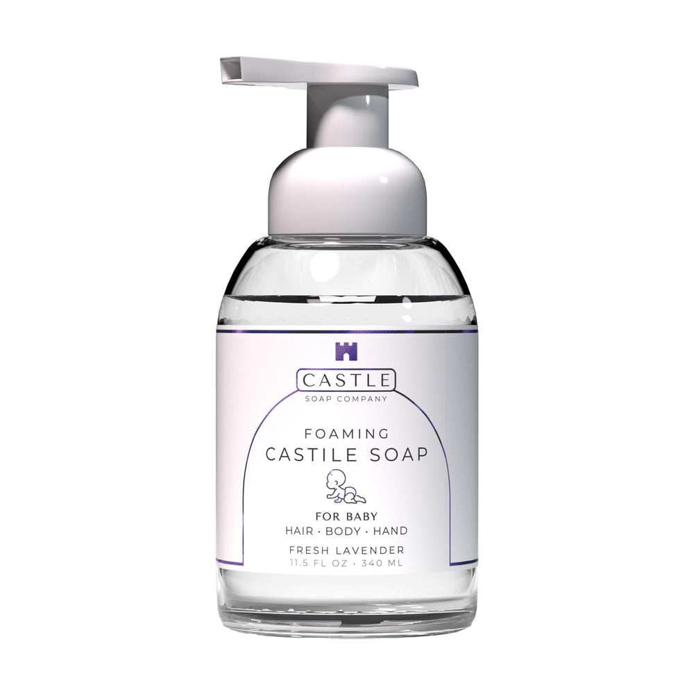 Castle Soap Company foaming baby castile soap bottle provides gentle cleansing for newborn skin.