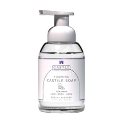 Castle Soap Company foaming baby castile soap bottle provides gentle cleansing for newborn skin.