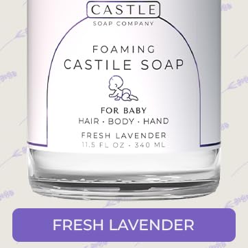 Castle Soap Company Leaping Bunny certified bottle signals cruelty-free safety for baby baths.