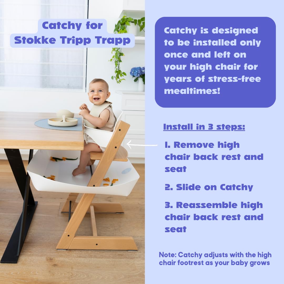 Catchy Food Catcher catching dropped food to reduce waste and floor cleanup time.